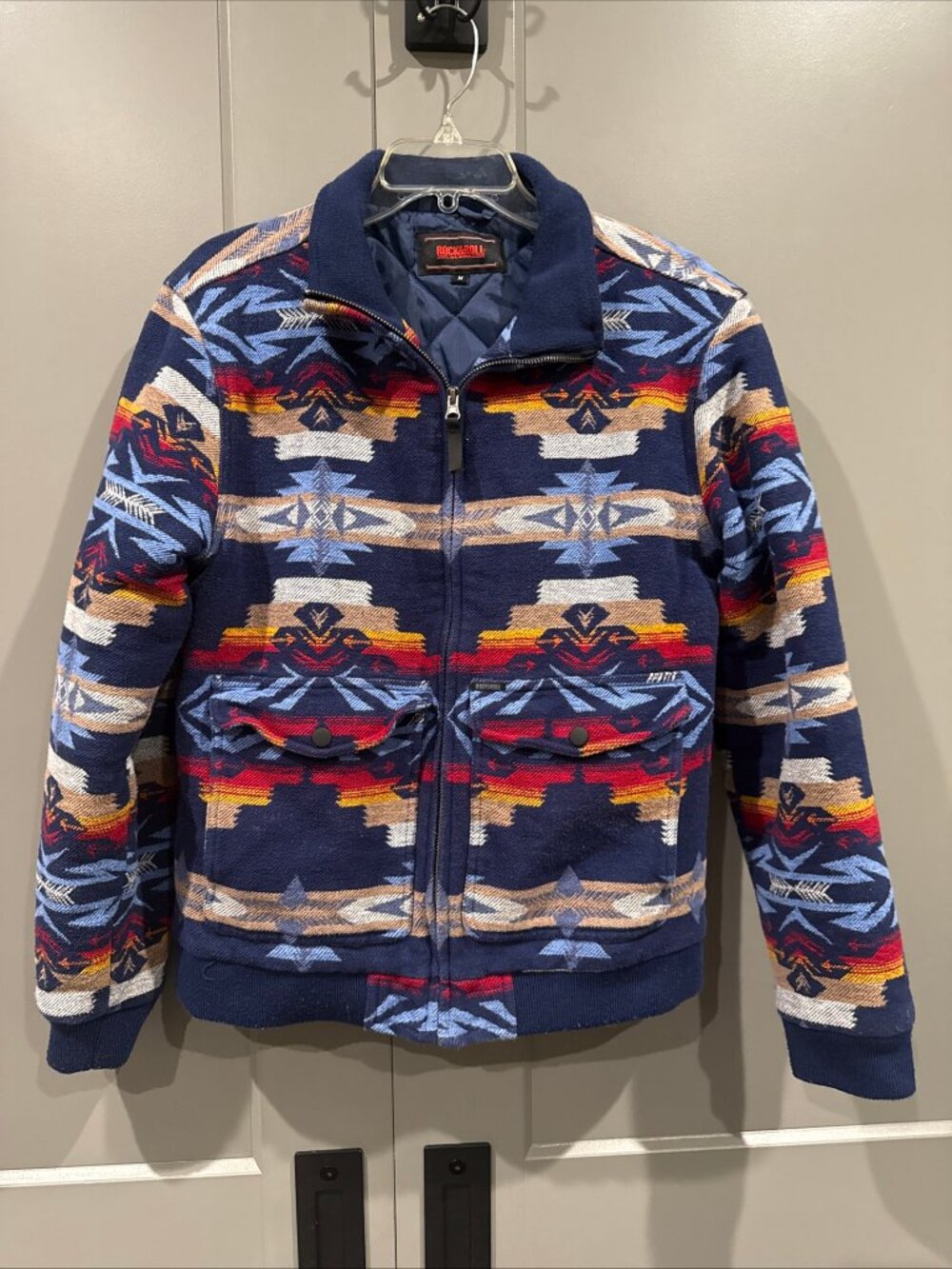 Rock & Roll Denim Aztec Bomber Jacket Navy Quilt Patch Pocket Zip Front Men's M